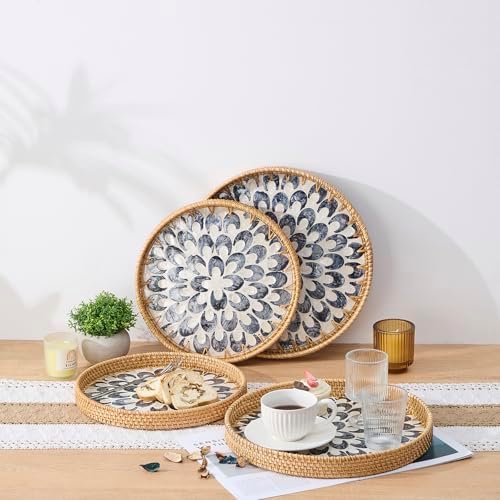Round Rattan Tray with Mother of Pearl Inlay, Rattan Serving Tray with Wooden Base, Decorative Wicker Basket for Table Decor, Storage and Display of Coffee Bread Food Fruit (Plume 13.5") - Image 5