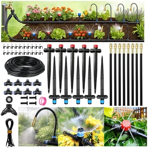 120FT Drip Irrigation System for Garden: Quick Connect 1/4" PE Tubing 18Pcs Automatic Water Sprinkler Kit Adjustable Misting Part Watering Hose, Outdoor Raised Bed Plants Flower Yard Greenhouse by Unknown