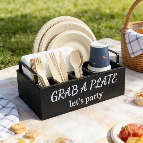 Paper Plate Holder, Utensil Caddy Organizer, Wood Paper Plate Dispenser, Silverware Caddy Holder, and Disposable Coffee Bar Accessories Box for Kitchen Counter, Party, Camping, Picnic (6 compartment) - Image 3