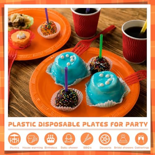 Plastic Plates 9 Inch Plastic Solid Round Party Dessert Dinner Plates for Weddings Party BBQs Birthday Camping and Anniversary (50, Orange) - Image 4