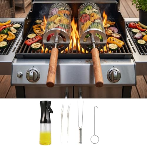 7-Piece BBQ Set, 2 Rolling Grill Baskets for Effortless Flipping,Grilling Tools or Fish,Shrimp,Meat,Vegetables,Fries Food,Outdoor Camping Grilling Accessories,Gifts for Men Dad Husband by Unknown