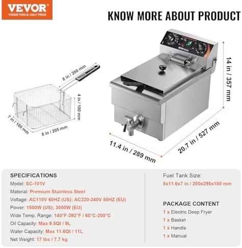 VEVOR Commercial Deep Fryer, 1500W Electric Countertop Fryer with Basket, 11.6Qt / 11L Stainless Steel Single Oil Fryer with Time & Temp Control, Overheat Protection, for Kitchen Restaurant Use - Image 7