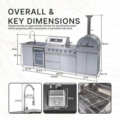 112" Modular Outdoor Kitchen,108,000 BTU Stainless Steel Natural Gas BBQ Grill with Built-In Pizza Oven,Side Burner,Rotisserie,Refrigerator,Granite Countertop,Storage Drawers & Cabinets. - Image 2