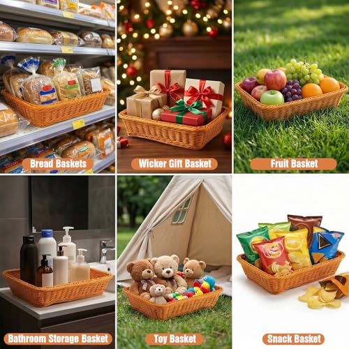 3-Piece Wicker Basket Set, Rectangular Rattan Trays for Serving Bread, Fruit, Vegetables & Snacks - Decorative Display for Kitchen, Restaurant, Home (Multiple Sizes) - Image 4