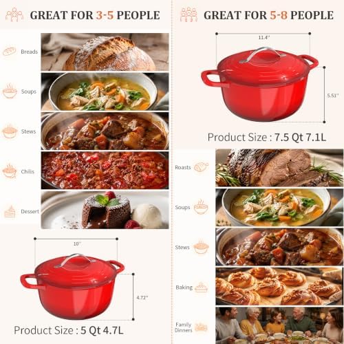 Winado 7.5 Qt Enameled Cast Iron Dutch Oven Pot with Lid, Red Ombre - Image 4
