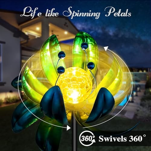 Solar Garden Lights Metal Flower Decor, Colorful Spinning Windmill Lotus Pathway Ligths with LED Cracked Crystal Ball Outdoor Decorative Stake Lighting Waterproof Flower Sculpture for Patio Yard - Image 3