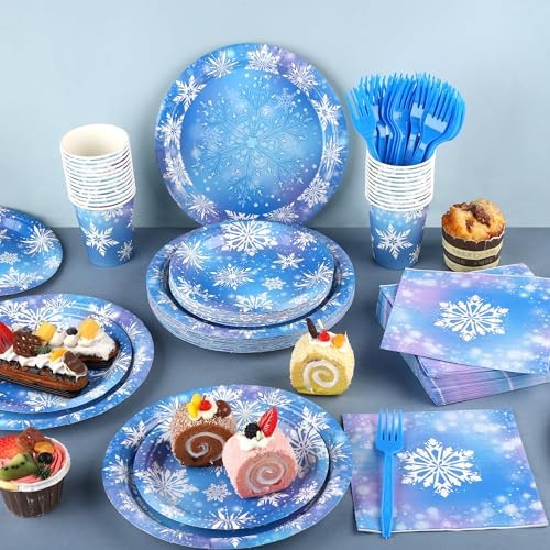 Kochorie 144 Pieces Frozen Party Supplies, Snowflake Tableware Sets Including Disposable Paper Plates Napkins Cups Forks Serves 24 for Winter Christmas Holiday Wonderland Birthday Party Decorations - Image 4