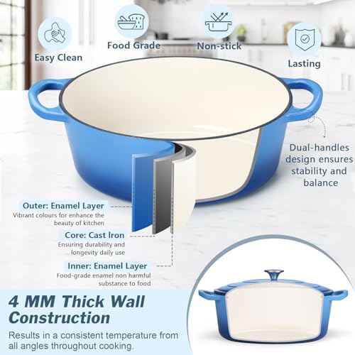 P&P CHEF Oval Dutch Oven with Lid, Enameled Cast Dutch Oven Pot for Bread Baking, Braising, Stewing, Roasting, Non-Stick & Oven Safe, Dual Handles & Easy Clean, 7QT & Blue, Valentine's Day - Image 6
