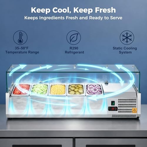 COOLCHEF 47-Inch Refrigerated Condiment Prep Rail, 5 x 1/4 GN Pans - Image 4