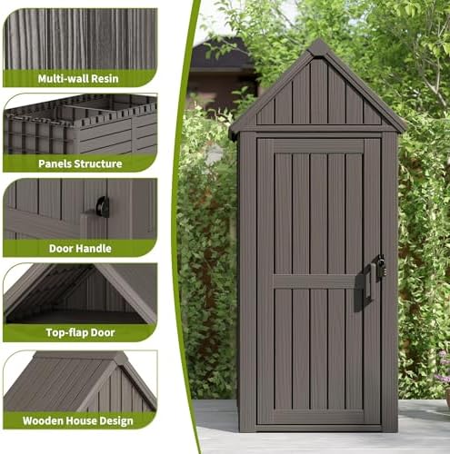 Outdoor Storage Shed, Waterproof Storage Cabinet with Sloping Roof and Lockable Door, Resin Shed with Ample Space, Multiple Hooks for Backyard Patio, Garden, Lawn, Classic Grey - Image 4