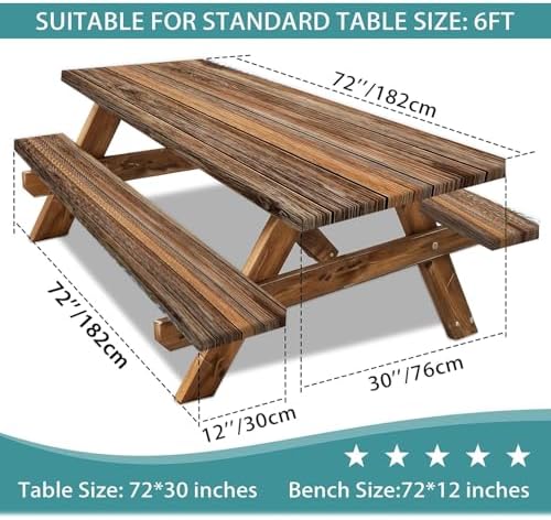 Farmhouse Picnic Table Cover with Bench Covers Camping Essentials Brown Wood Grain Waterproof Windproof Camping Tablecloth Fitted Tablecloth Cover with Elastic Edge for Indoor Outdoor 3 PCS 30x72 Inch - Image 3