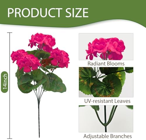 Fake Outdoor Flowers, 4 Pcs Artificial Flowers For Outdoors, Rose Red Artificial Geraniums Plastic Flowers, Fake Plant For Outside, Silk Faux Flowers For Outdoor Planters UV Resistant For Front Porch - Image 3