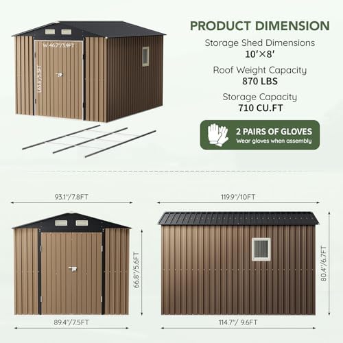 10 x 8 FT Storage Shed with Floor Frame for Backyard, Brown - Image 2