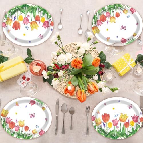 Qyeahkj 50 Pcs Spring Tulip Oval Paper Plates Large 11” Disposable Tulip Flower Party Decorations Floral Supplies Favor for Easter Picnic Spring Summer Birthday Butterflies Party Tableware Set - Image 6