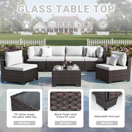 LEVELEVE 7-Piece Outdoor Patio Furniture Sets, Manual Weaving Rattan Conversation Sectional Sofa with Tempered Glass Coffee Table, All-Weather PE Wicker & Thick Cushions for Garden, Backyard, Porch - Image 4