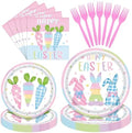 96 Pieces Happy Easter Party Tableware Set – Bunny & Carrot Pastel Design Disposable Plates, Napkins, and Pink Forks for Egg Hunt, Spring Classroom Event, or Holiday Celebration by Herytem