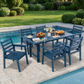 7-Piece Outdoor Dining Set, All-Weather HDPE Patio Furniture, 66.5" Slatted Table with 1.6" Umbrella Hole & 6 Ergonomic Armchairs, Heavy Duty 350lbs Capacity, UV Resistant, Blue by Unknown