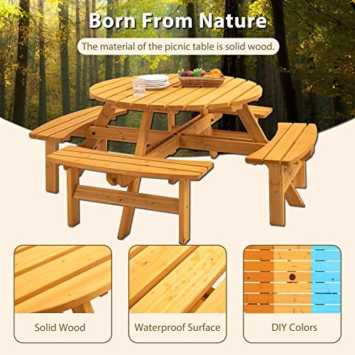 8 Person Wooden Picnic Table, Outdoor Camping Dining Table with Seat, Garden, DIY w/ 4 Built-in Benches, 2220lb Capacity - Natural - Image 7