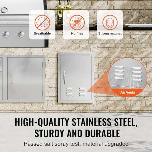 VEVOR BBQ Access Door, 17W x 24H Inch Single Outdoor Kitchen Door, Stainless Steel Flush Mount Door, Wall Vertical Door with Handle, Vents and Hook, for BBQ Island, Grilling Station, Outside Cabinet - Image 3