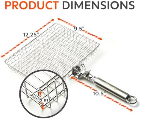 Stainless Steel Large Grill Basket with Easy Open/Close Lid and Removable Handle - 12.25 x 9.5 x 1.5 Inches - Includes Carry/Storage Bag - Image 2