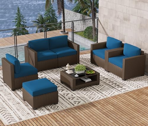 LOUVIXA 7 Piece Outdoor Patio Furniture Set, Rattan Chairs Glass Table Wicker Conversation Seating Sectional Sofa with Cushions (Brown-Peacock Blue, 7Pcs-2 Layer Coffee Table) - Image 4