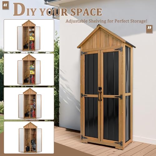 Outdoor Storage Cabinet Waterproof, Outdoor Storage Shed with Shelves, Wood & Metal Patio Backyard Garden Storage Cabinet Tool Organizer for Outside - Image 6