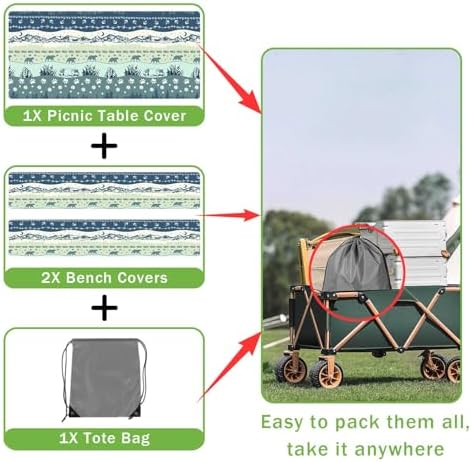 Picnic Table Cover with Bench Covers and Bag, Camping Essentials, Bohemian Waterproof Windproof Camping Tablecloth, Fitted Tablecloth Cover with Elastic Edge, for Garden & Outdoor, 3 PCS, 30x96 Inch - Image 6