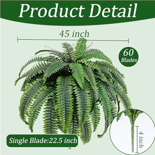 2pcs 45in Artificial Boston Fake Ferns Large, UV Resistant Artificial Plants Outdoor, 55 Blades Weatherproof Fake Plants Outdoor Indoor for Garden Porch Patio Home Decor - Image 2