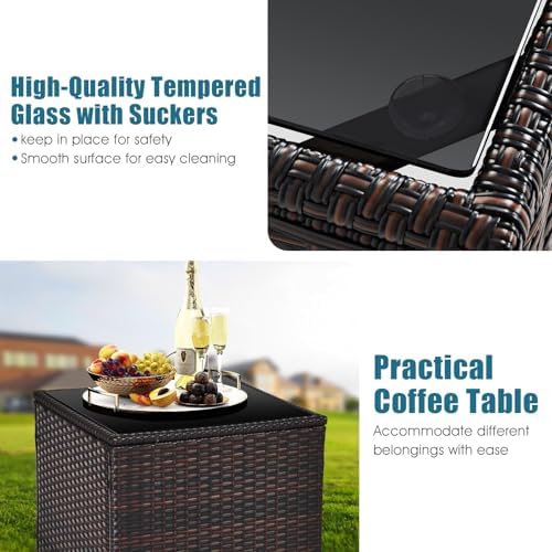 Tangkula 3 Pieces Patio Furniture Set, PE Rattan Wicker 3 Pcs Outdoor Sofa Set w/Washable Cushion and Tempered Glass Tabletop, Conversation Furniture for Garden Poolside Balcony (Prussian Blue) - Image 6