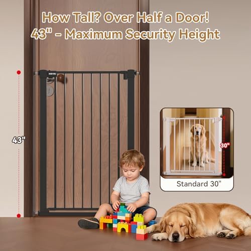 43 inch Tall Safety Baby Gate Adjustable 29.7-45.2inch Extra-Wide Metal Baby Gate Drill-Free Pressure-Mount Installation kit Self-Closing BabyGate for Stairwells、Doorways（Black） - Image 3