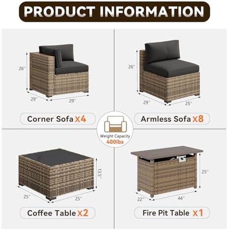 Aoxun Patio Furniture Sets, 15-Piece Outdoor Patio Furniture with 44'' Propane Gas Firepit Table, Wicker Outdoor Conversation Set Sectional Sofa for Backyard, Poolside, Garden - Image 2