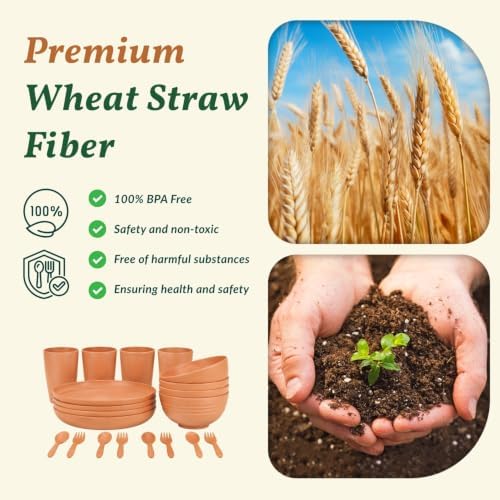 Wheat Straw Dinnerware Sets, Homienly 20pcs Unbreakable Microwave Dishwasher Safe Tableware Lightweight Bowls, Cups, Plates Set Reusable Dinner Plates Bowls set (Orange) - Image 3