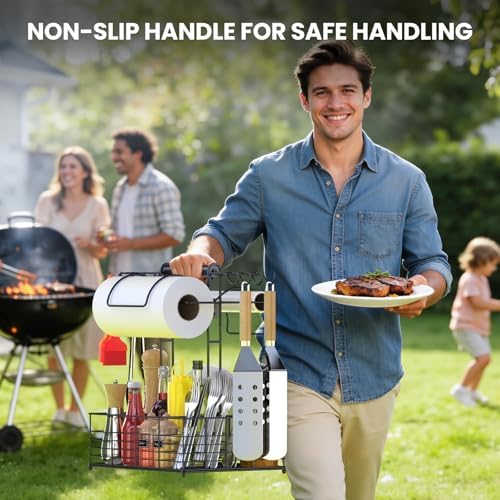 Grill Caddy for Outdoor Grill with 2 Paper Towel Holders,Barbecue Tool Sets Storage Organizer,BBQ Caddy for Outdoor Grill with 9 Compartments & 8 Hooks,Picnic Caddy Grilling Gifts for Men - Image 2