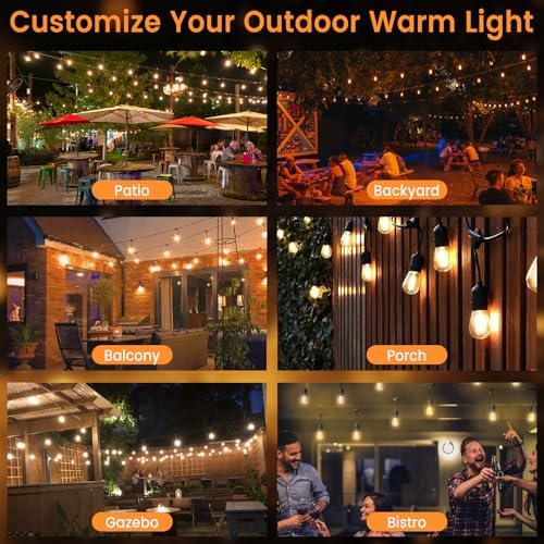 96ft Outdoor String Lights with Remote & Dimmer,48+4 Commercial Grade IP65 Waterproof Bulbs, 2700K Warm White,3 Lighting Modes & Timer,Includes 50 Cable Ties for Patio,Garden, Party（48FT*2） - Image 7