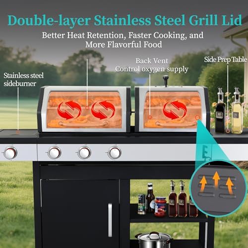 Propane Gas & Charcoal 3-Burner Combo Grill w/Side Burner - Image 4