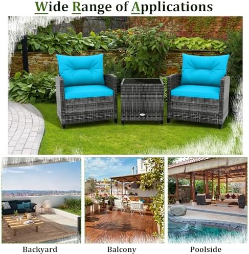 RELAX4LIFE 3 Piece Patio Furniture Set, Wicker Bistro Conversation Set w/2 Cushioned Armchairs & Glass Topped Table, Outdoor Rattan Sofa Set Patio Furniture for Porch Balcony Poolside (Grey-Turquoise) - Image 7