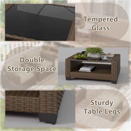 LOUVIXA 7 Piece Outdoor Patio Furniture Set, Rattan Chairs Glass Table Wicker Conversation Seating Sectional Sofa with Cushions (Brown-Camel, 7Pcs-2 Layer Coffee Table) - Image 7