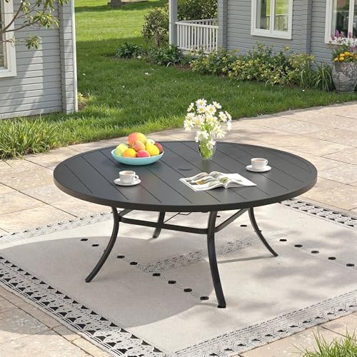 Outdoor Dining Table for 8, 60" Round Outdoor Table with Adjustable Umbrella Hole, All-Weather Metal Patio Dining Table for Lawn Garden Backyard Deck, Black by ProvideOutdoorSolutions