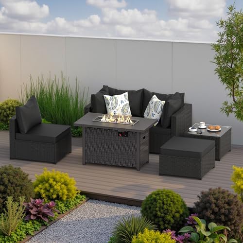 Patio Furniture Set w/ Fire Pit Table, 6PCS Outdoor Conversation Sets Waterproof Rattan Sectional Sofa with 4” Thickened Cushion Modular Wicker Patio Furniture Set with Glass Top Table (Black) by PHONJOROO