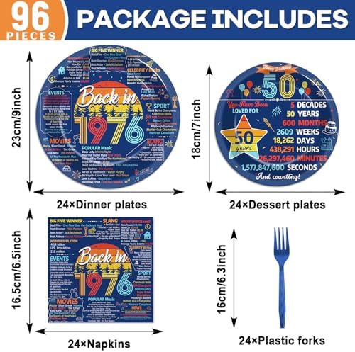 96Pcs Vintage 50th Party Paper Plates and Napkins 50th Birthday Party Decorations Blue Back in 1976 Paper Plates Cheers to 50 Years Disposable Tableware for Women Men Birthday Gatherings Decorations - Image 2