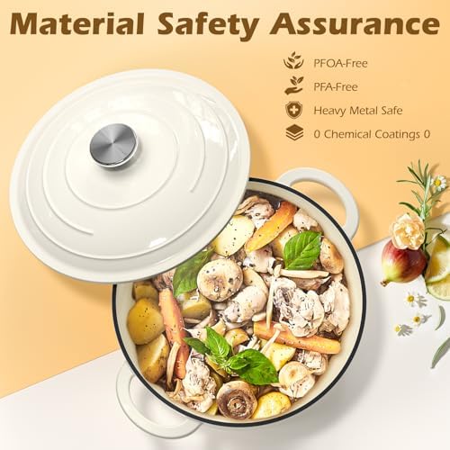 Umite Chef Enameled Cast Iron Dutch Oven-7QT Pot with Lid Cookbook & Cotton, Heavy-Duty Cookware for for Bread Baking, Braising, Stews, Marinate, Cook(Cream White) - Image 6