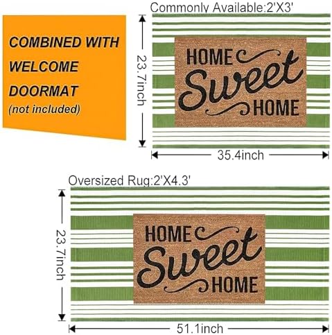 Green and White Outdoor Rug 24"x51"Washable Striped Layered Door Mat - Image 3