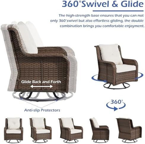 Wumiokio Patio Furniture Sets, 3 Pieces Wicker Outdoor Furniture - 360 Degree Swivel Rocking Chairs and Rattan Side Table for Garden,Porch,Backyard (Brown Wicker/Beige Cushion, 3PCS - Swivel Chairs) - Image 4
