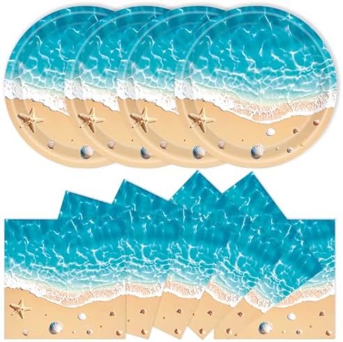 40Pcs Beach Plates and Napkins Party Supplies, Disposable Ocean Waves Birthday Plates Napkins Tableware Set for Hawaiian Ocean Themed Party Decorations (Beach) by Unknown