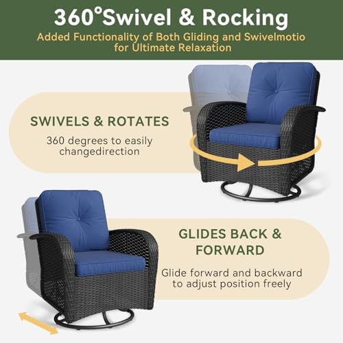 Aoxun 3 Pieces Patio Furniture Set, Patio Swivel Rocker Chairs Set of 2, Wicker Outdoor Bistro Set with Rocking Chair, Thickened Cushions and Table for Porch (Navy Blue) - Image 3