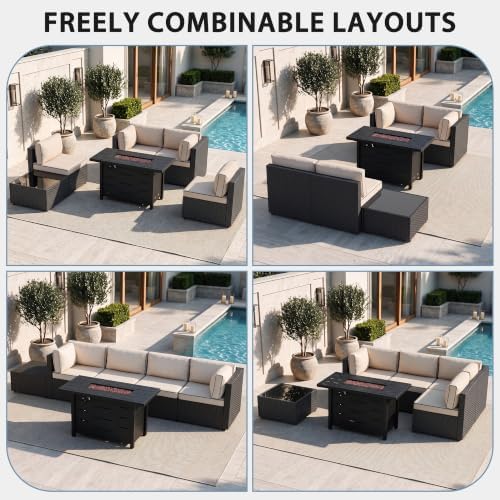 Shintenchi 6 Piece Outdoor Patio Furniture Set with 43 Inch Propane Fire Pit, Washable Cushions, Glass Coffee Table, Waterproof Cover & CSA Certified for Backyard Poolside, Black PE Rattan/Khaki - Image 3