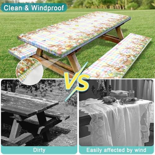 Easter Picnic Table Cover with Bench Covers, Camping Essentials, Easter Buffalo Plaid Bunny Eggs Flowers Outdoor Table Covers, Waterproof, Fitted Tablecloth Cover with Elastic Edge, 3 PCS, 30x72 Inch - Image 6