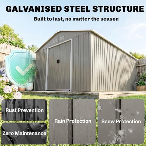 Outsunny 11' x 13' Outdoor Storage Shed, Garden Tool Metal Shed with Foundation Kit, Double Lockable Door, Air Vents and Sloping Roof, for Backyard, Patio, Lawn, Light Gray - Image 3