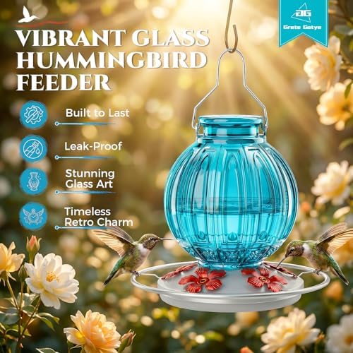 2 Pack Glass Hummingbird Feeder for Outdoors Hanging, Bird Nectar Feeder with Perch & 5 Flower Feeding Ports, 26 Oz Leak Proof for Outside Garden Decor Backyard, Gifts for Women Mom, Red + Blue - Image 6