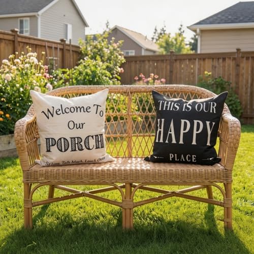 Black and White Welcome to Our Porch Outdoor Pillow Covers Waterproof 18x18 Set of 2, Decorative Farmhouse Outdoor Throw Pillows 18 x 18, Back Porch Decor Patio Furniture Pillows (Without Inserts) - Image 5